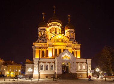Tallinn, Estonya - 10 Jan 2016. Alexander Nevsky katedral gece görünümü.