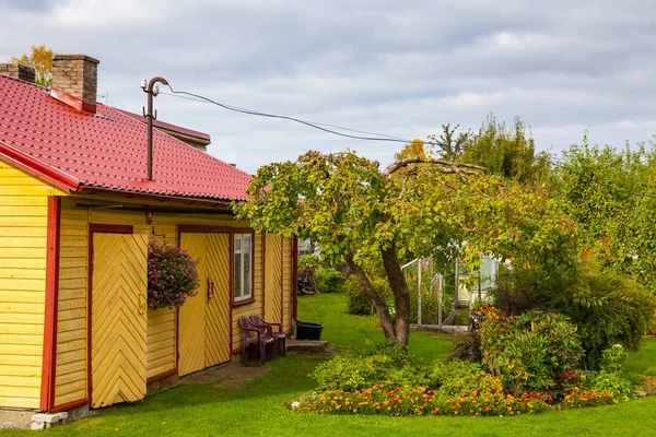 Żółty dom drewniany z drzewa i przytulne zielone podwórze — Zdjęcie stockowe