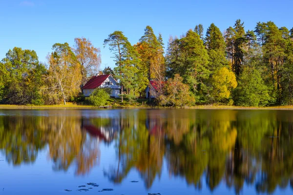 Autumn forest and houses reflection in pond, Aegviidu, Estonia — Stock Photo, Image