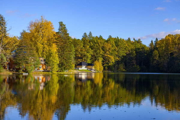 Autumn forest reflection in pond, Aegviidu, Estonia