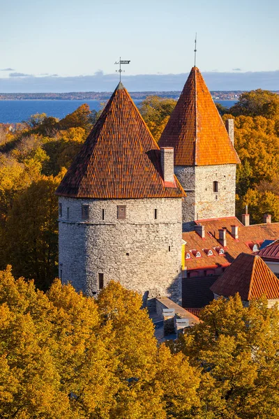 Középkori tornyok a régi Tallinn arany őszi szezonban — Stock Fotó