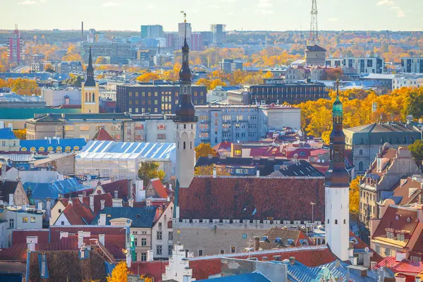 Tours de la vieille ville de Tallinn : hôtel de ville, église Jaani, église Puhavaimu. Vue aérienne . — Photo
