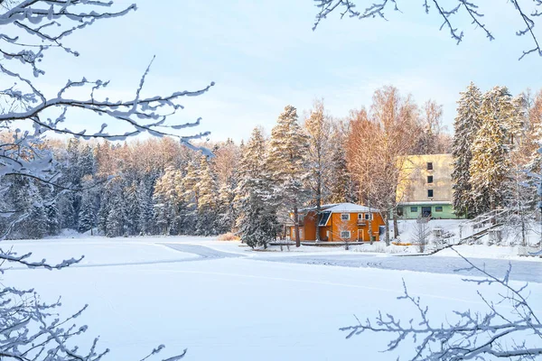 Invierno nieve estanque congelado con casas de campo en el bosque —  Fotos de Stock