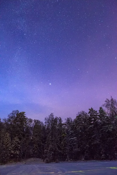 Une nuit claire montrant des étoiles. Forêt et lac gelé en Estonie . — Photo