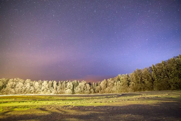 Una noche clara mostrando estrellas. Bosque iluminado cerca del lago congelado en Estonia . — Foto de Stock