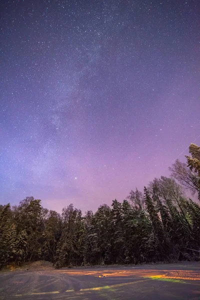 Eine klare Nacht mit Sternen. Wald und zugefrorener See in Estland. — Stockfoto