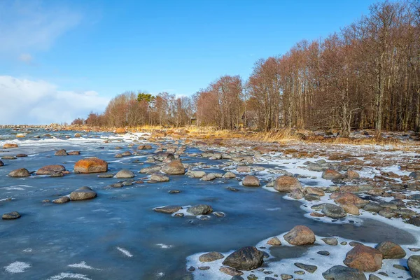 Mar helado con piedras y cielo azul. Costa helada. Orilla en invierno a la luz del día. Mar. Países Bajos . — Foto de Stock
