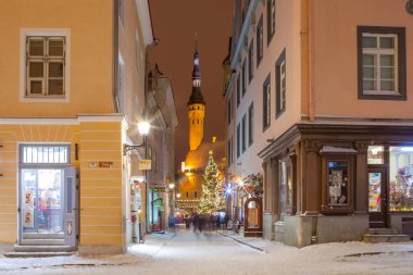 Tallinn, Estonya - 07 Ocak 2017: City hall tower ve Meydanı'ndan street mağazaları ile Noel ağacına