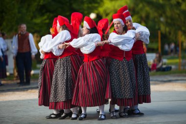 Tallinn, Estonya - 02 Haziran 2016: Estonya halk dansçılar geleneksel renkli desen giysiler ile. Folklor Festivali Eski Şehir Parkı.