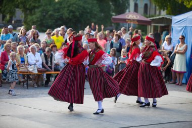 Tallinn, Estonya - 02 Haziran 2016: Estonya halk dansçılar geleneksel renkli desen giysiler ile. Folklor Festivali Eski Şehir Parkı.
