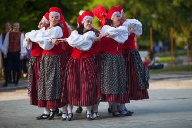 Tallinn, Estonya - 02 Haziran 2016: Estonya halk dansçılar geleneksel renkli desen giysiler ile. Folklor Festivali Eski Şehir Parkı.
