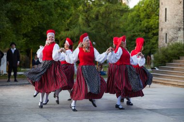 Tallinn, Estonya - 02 Haziran 2016: Estonya halk dansçılar geleneksel renkli desen giysiler ile. Folklor Festivali Eski Şehir Parkı.