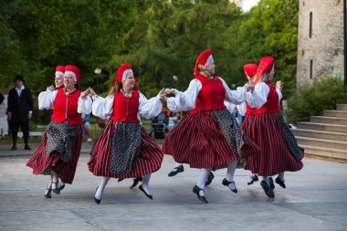 Tallinn, Estonya - 02 Haziran 2016: Estonya halk dansçılar geleneksel renkli desen giysiler ile. Folklor Festivali Eski Şehir Parkı.