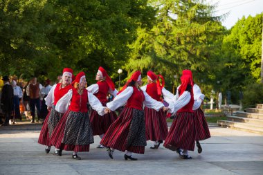 Tallinn, Estonya - 02 Haziran 2016: Estonya halk dansçılar geleneksel renkli desen giysiler ile. Folklor Festivali Eski Şehir Parkı.