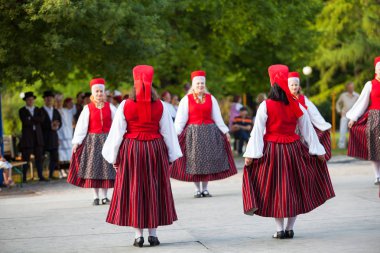 Tallinn, Estonya - 02 Haziran 2016: Estonya halk dansçılar geleneksel renkli desen giysiler ile. Folklor Festivali Eski Şehir Parkı.