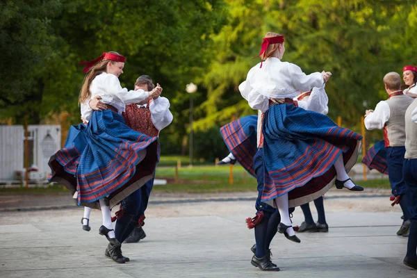 Tallinn, Estonya - 02 Haziran 2016: Estonya halk dansçılar geleneksel renkli desen giysiler ile. Folklor Festivali Eski Şehir Parkı.