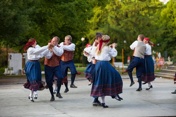 Tallinn, Estonya - 02 Haziran 2016: Estonya halk dansçılar geleneksel renkli desen giysiler ile. Folklor Festivali Eski Şehir Parkı.