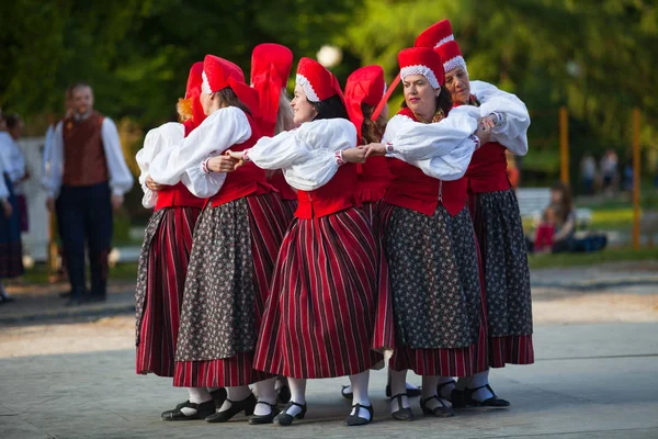 TALLINN, ESTONIA - 02 JUN 2016: Estonian folk dancers with traditional colourful pattern outfits. Folklore festival in old town park. — Stock Photo, Image