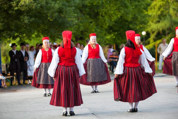 Tallinn, Estonya - 02 Haziran 2016: Estonya halk dansçılar geleneksel renkli desen giysiler ile. Folklor Festivali Eski Şehir Parkı.