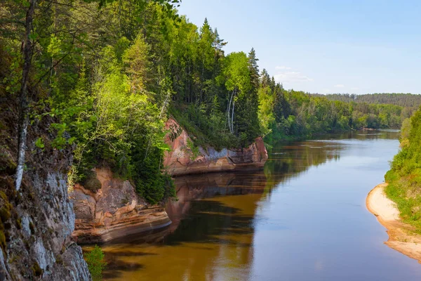 Panoramic view of river Gauja turn from path on the hill. Gauja National park, Latvia. Stock Picture