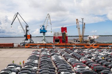 Paldiski, Estonya - 10 Ağustos 2016: Kargo terminali ile birçok yeni araçların gemisinden