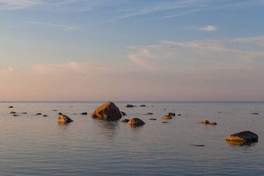 Güzel günbatımı manzara yeşil sahil ile çim, su içinde kum ve renkli taşlar