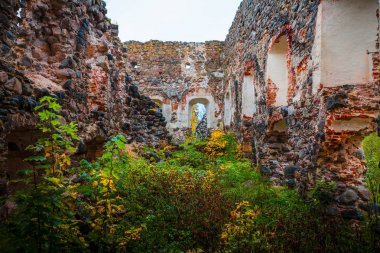 Ortaçağ taş granit Kalesi Sonbahar zaman yok eder. Sonbahar yaprakları. Rauna, Letonya