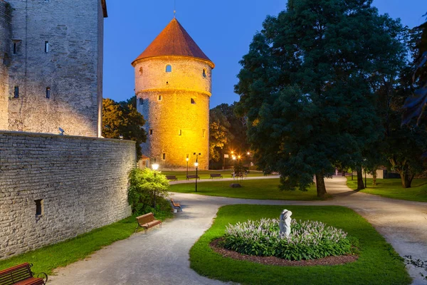 Greem park near Kiek in de Kok, from Low German means Peep into the Kitchen, es una torre de artillería en Tallin, Estonia, construida en 1475. Vista nocturna . — Foto de Stock