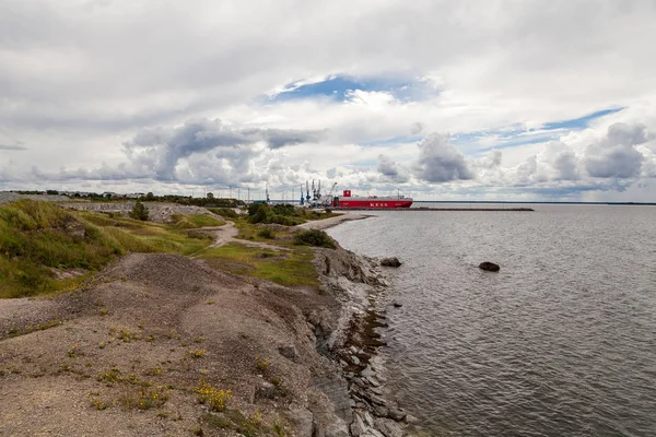 Paldiski, Estland - 10 augustus 2016: Cargo terminal met veel nieuwe auto's van schip — Stockfoto