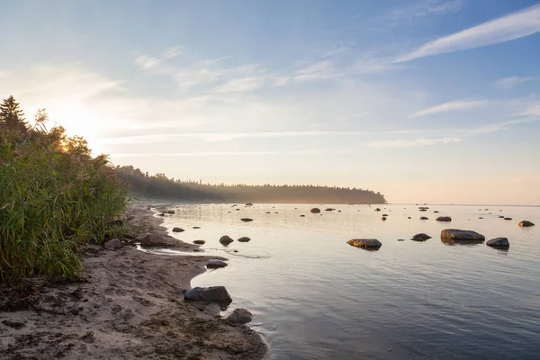Prachtige zonsondergang landschap groene kust met gras, zand en kleurrijke stenen in water — Stockfoto
