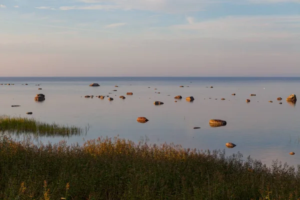 Schöne Sonnenuntergangslandschaft grüne Küste mit Gras, Sand und bunten Steinen im Wasser — Stockfoto