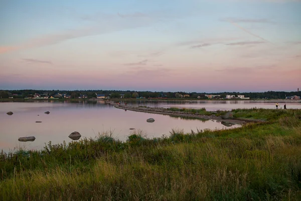 Coucher de soleil sur la mer avec de l'herbe verte sur la côte — Photo