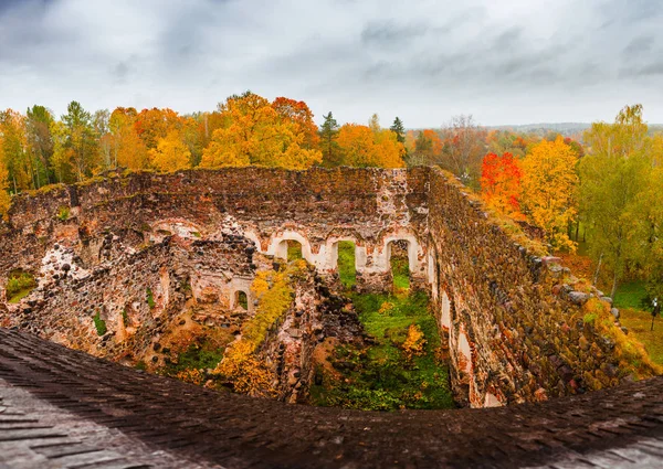 Pietra medievale rovine del castello di granito al momento dell'autunno. Fogliame autunnale. Rauna, Lettonia — Foto Stock