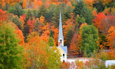 Doğu Royalton Vermont 'taki sonbahar ağaçları arasındaki kilise kulesi.