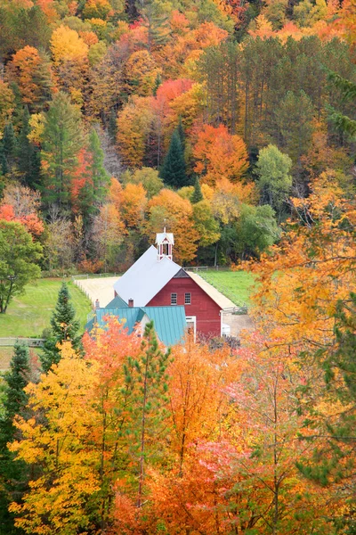 Celeiro vermelho em Vermont lado rural cercado por folhagem de outono — Fotografia de Stock