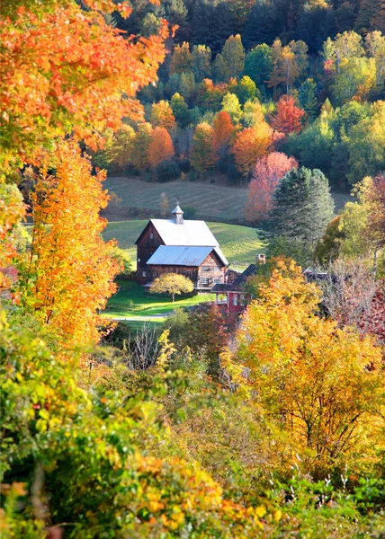 Stodola v Vermont krajiny obklopen podzimní stromy — Stock fotografie