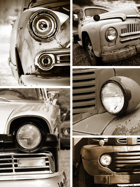 Viejo oxidado coches cabeza lámpara collage — Foto de Stock