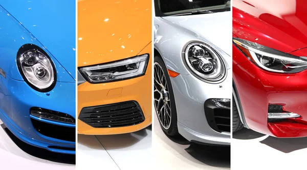 Close up shot of sports car head lamps collage — Stock Photo, Image