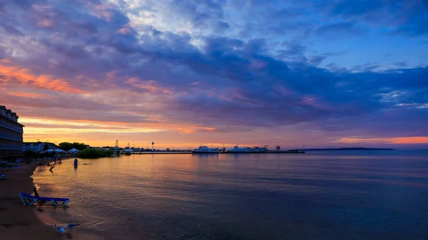 Jezero Huron Západu Slunce Města Mackinaw — Stock fotografie