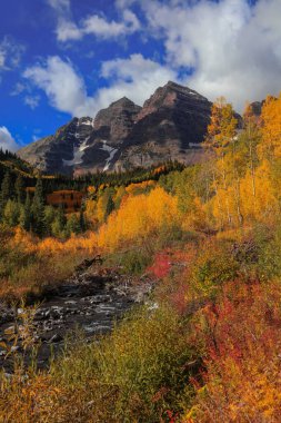 Maroon bells peaks through colorful trees in Colorado clipart