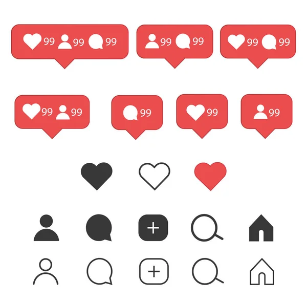 Instagram simgeleri ayarlandı. Yorum, takipçi ve bildirim simgeleri gibi. Beyaz arka planda izole edilmiş vektör illüstrasyonu