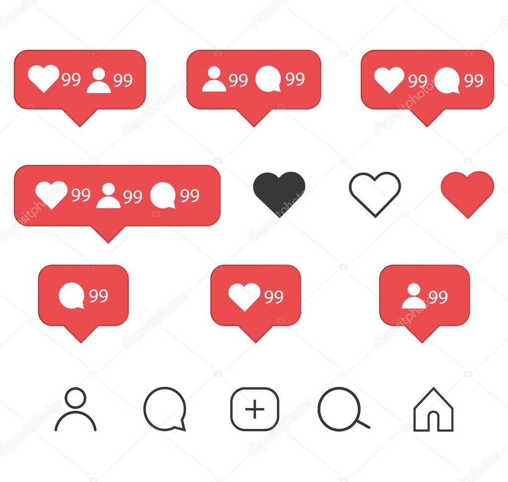 Instagram icons set. Like, comment, follower and notification Icons.Vector illustration isolated on white background
