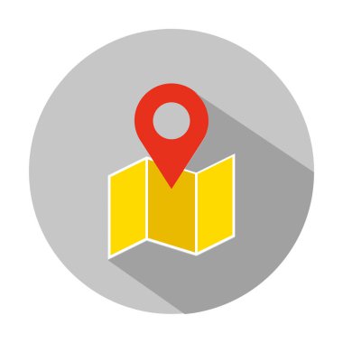 Harita simgesinde yol konumu. Harita, yön bulma ve konum simgesi. Düşen bir gölgeyle basit bir şekilde vektör illüstrasyonu. 10 puan.