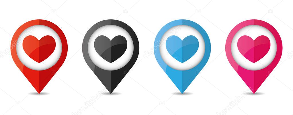 Set of map location pointer with hearts icon. Heart icon isolated on white background. Eps 10