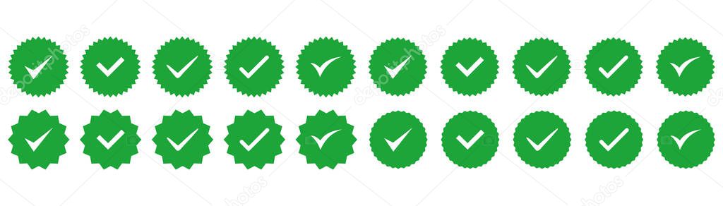 Vector badges of guarantee, approval, acceptance and quality. Flat vector green checkmark. Profile confirmation sign.