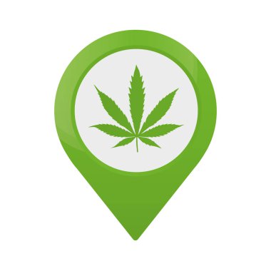 Esrar deposu konumu simgesi. Harita işaretçi. Esrar, marihuana yaprağı. Ot belirlemekte. İzole vektör çizim