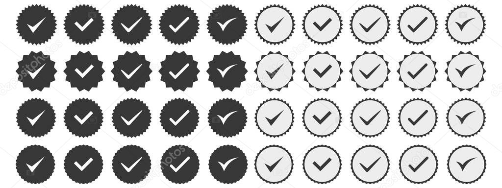 Set of black check mark badge icons. Profile verification icons