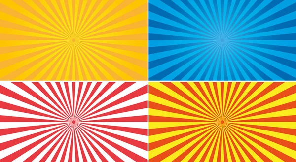 Zonnestralen vector ingesteld. Geel, rood, rood en blauw abstracte achtergrond. — Stockvector