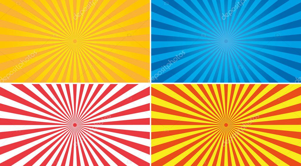 Sun rays vector set. Yellow, red, red and blue abstract background.