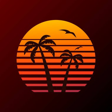 Günbatımı arka planında palmiye ağacı logosu ve uçan uçak.